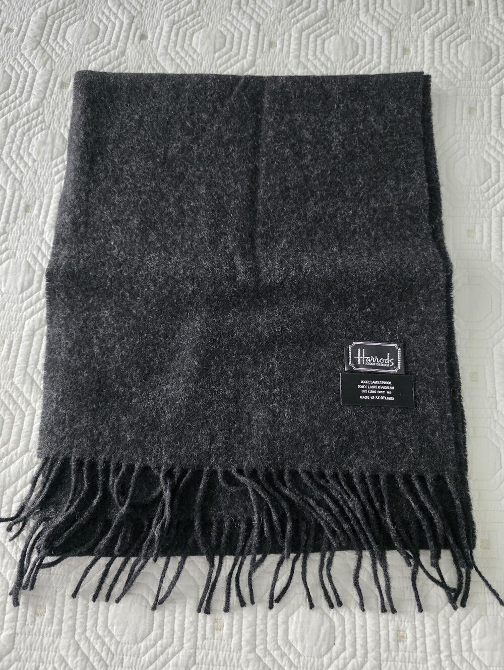Harrods Unisex Black Lambswool Scarf Wirh Fringe Charcoal Gray